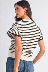 Black Stripe Scallop Lace Trim Ruffle Sleeves Crewneck Top