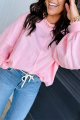 Pink Solid Color Raw Seam Lace Detail Loose Casual Sweatshirt