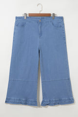 Light Blue Ruffle Hem Wide Leg Full Length Plus Size Jeans