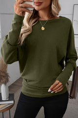 Green Solid Color Round Neck Dolman Sleeve Top
