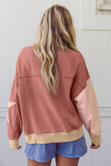 Rose Pink Star Patchwork Exposed Seam Uneven Hem Sweatshirt