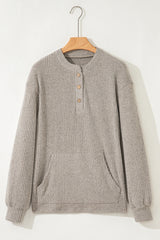 Simply Taupe Ribbed Texture Drop Shoulder Henley Knit Top