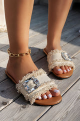 White Frayed Wide Band Rhinestone Buckle Detail Slippers