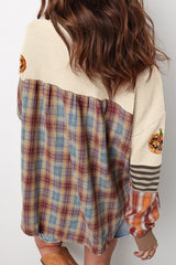 Beige Sequined Pumpkin Face Patched Henley Waffle Top