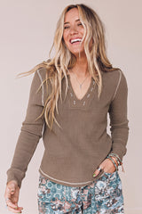 Dark Khaki V Neck Ribbed Stitched Detail Long Sleeve Top