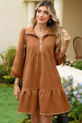 Desert Gold Quarter Zip Collar Bracelet Sleeve Textured Mini Dress