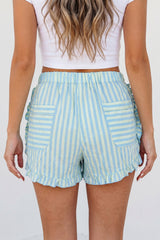Sky Blue Stripe Elastic Waist Ruffle Trim Casual Shorts