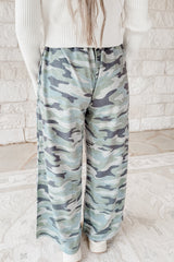 Green Camo Wide Leg Tie Elastic Waist Casual Pants