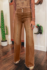 Sail Blue High Waist Button Fly Seamed Raw Hem Flare Jeans