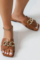 Chestnut Metal Decor Open Toe Slippers