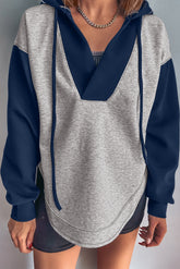 Light Grey Colorblock Patchwork V Neck Drawstring Hoodie