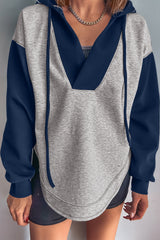 Light Grey Colorblock Patchwork V Neck Drawstring Hoodie