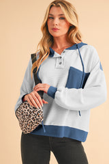White Corded Patch Pocket Drawstring Henley Long Sleeve Top