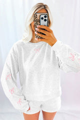 Light Grey Girly Bow Embroidered Detail Puff Sleeve Pullover 2pcs Short Set
