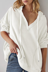 White Oversize Waffle Drop Shoulder Exposed Seam V Neck Hoodie