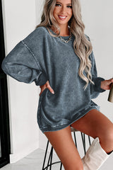 Blue Plain Solid Ribbed Knit Round Neck Pullover Sweatshirt