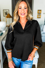 Black Textured V Neck Colorblock Cuffs Sweatshirt