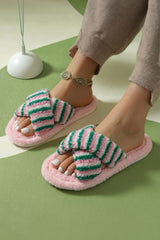 Pink Striped Cross Band Soft Plush Open Toe Slippers