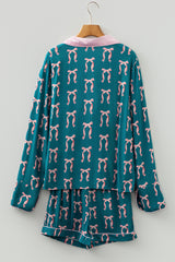 Green Ribbon Bow Print Silky Long Sleeve Shirt and Shorts 2pcs Pajama Set