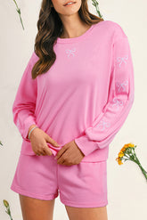 Sachet Pink Bow Embroidery Long Sleeve Pullover and High Waist Shorts Set