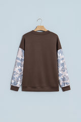 Coffee Camouflage Sleeve Crewneck Baggy Pullover Sweatshirt