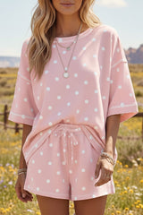 Pink Polka Dot Short Sleeve Loose Top Drawstring Shorts Set