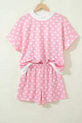 Pink Polka Dot Print Color Block Trim Mock Neck Short Set