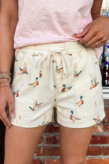 Beige Wild Duck Mallard Printed Drawstring Denim Shorts