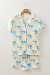 Yellow Bow Printed Short Sleeve Shirt Shorts Pajama Set