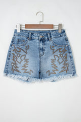 Dusk Blue Western Embroidery Stud Denim Shorts Summer Daily Wear
