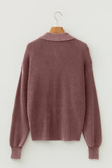 Dark Brown Mineral Washed Knit Button Polo Collar Loose Sweater