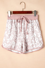 Khaki Classic Leopard Arched Hem Elastic Waistband Casual Shorts