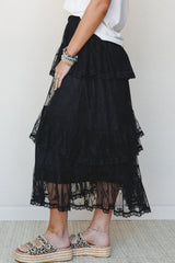 Black Elegant Ruffle Lace Tiered Skirt
