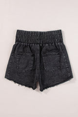 Black Smocked High Waist Mineral Washed Jean Shorts