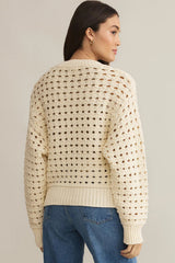 Beige Hollowed Pattern Knit Zip Up Drop Shoulder Cardigan