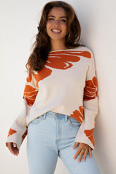 Beige Bold Flower Pattern Wide Sleeve Baggy Sweater