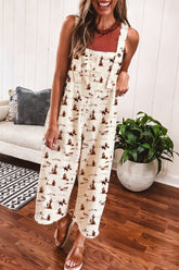 Beige Western Printed Button Adjustable Straps Loose Jumpsuit Dungarees