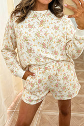 Beige Floral Print Long Sleeve Shift Top Pocketed Shorts 2pcs Set