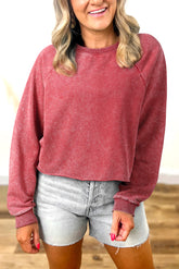 Racing Red Solid Color Raglan Sleeve Pullover Sweatshirt