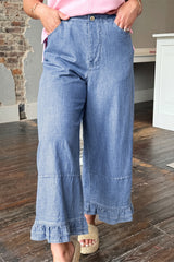 Light Blue Ruffle Hem Wide Leg Full Length Plus Size Jeans