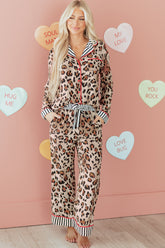 Dearlove Khaki Leopard Print Colorblock Striped Edge Shirt and Pants Pajama Set