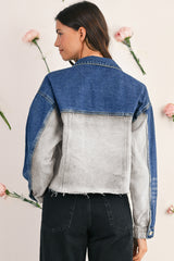 Dusk Blue Patchwork Flap Detail Distress Denim Jacket