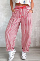 Red Stripe Drawstring Casual Loose Pants