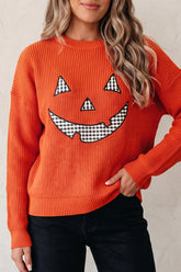 Orange Drop Shoulder Long Sleeve Round Neck Halloween Sweater