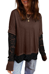 Dark Brown Sheer Lace Patchwork Casual Long Sleeve Tee
