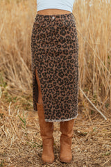 Brown Leopard Print Side Split Frayed Hem Denim Midi Skirt