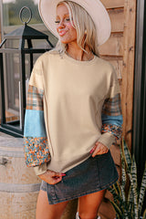 Smoke Gray Plaid Patchwork Sleeve Raw Seam Sweatshirt