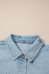Sky Blue Stars Pattern Long Sleeve Shirt Collar Denim Jacket