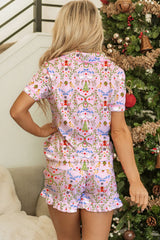 Pink Nutcracker Doll Christmas Print Ribbon Tie Waist Short 2pcs Pajama Set