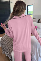 Delicacy Contrast Piping Trim Lapel Button Down Top 2pcs Lounge Pajama Set
